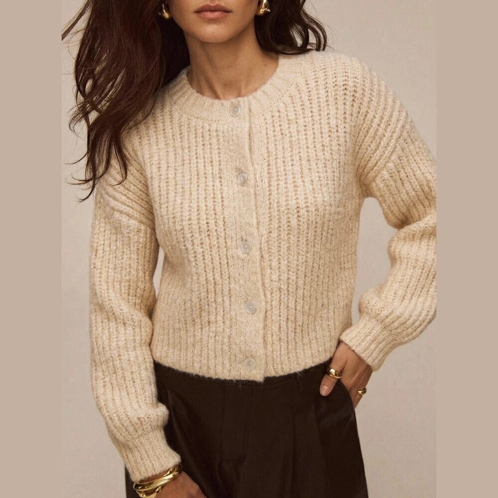 Cream Chunky Ribbed Fuzzy Knit Button Front Crop Drop Shoulder Cardigan